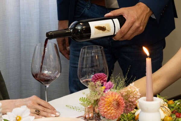 Feather Cabernet Sauvignon being poured into a glass.