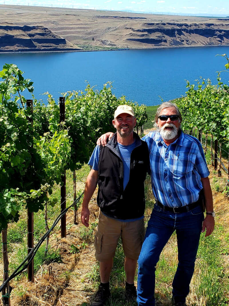 Gilles and Bill DenHoed in the Kaiser Family Vineyard at The Benches at Wallula